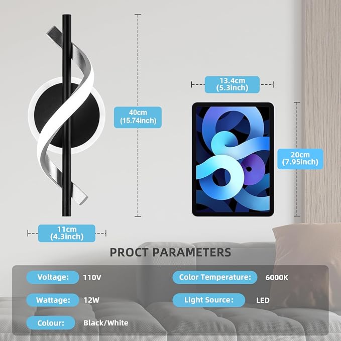 EIDISUNY Wall Sconces Sets of 2, 12W LED Wall Mount Lights, Modern Spiral Wall Lamp, 6000K Cold Modern Light Fixture for Stairs, Living Room, Bedroom, Aisle, Hallway