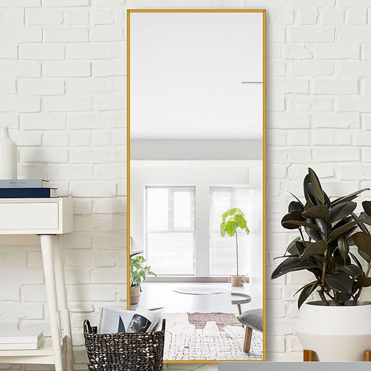 NeuType Full Length Mirror, 64"x21" Body Mirror with Stand Floor Standing Wall-Mounted Hanging or Leaning Against Wall Aluminum Alloy Thin Frame (Gold)