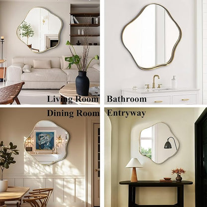 Asymmetrical Wall Mirror, 24" Irregular Shaped Mirror with Gold Frame, Wavy Round Mirrors Decorative, Modern Scalloped Mirrors for Living Room Bathroom Bedroom Hallway Entryway Fireplace