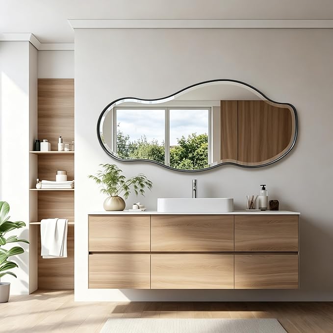 POZINO Irregular Beveled Mirror, 53"x24" Premium Bathroom Vanity Mirror with Metal Frame, Large Asymmetrical Organic Wall Mirrors for Living Room Bedroom Hallway Entryway, Horizontal/Vertical Hanging