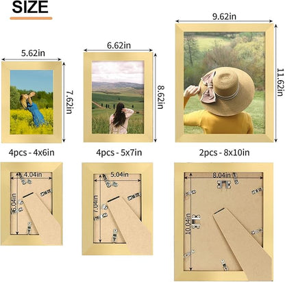 iRahmen Collage Picture Frames Set of 10, Wall Decor for Mounting or Tabletop Display, Family Photo Gallery Frame Set - Multi Sizes Including Two 8x10, Four 5x7, Four 4x6, HD Glass, Wooden, Gold