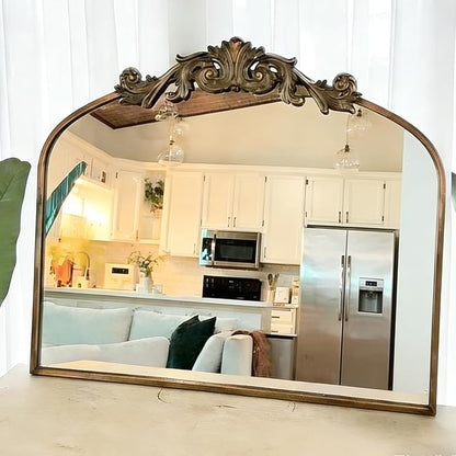 USHOWER Gold Anthropologie Vintage Arched Mirror 36" x 30", Large Baroque Ornate Mirror with Antique Brass Frame for Fireplace, Bathroom, Living Room, Entryway Renovation