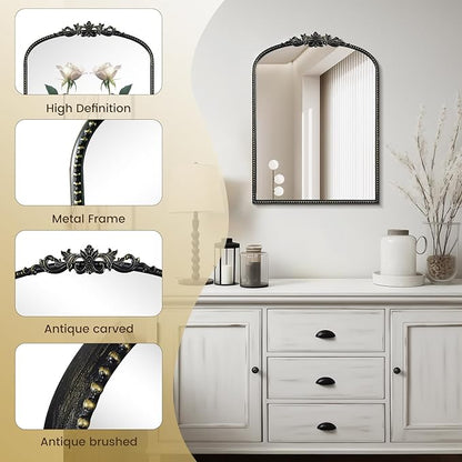 WallBeyond Black Vintage Mirror for Vanity 22x30 Inch, Black Antique Mirror with Ornate Frame, Arched Vintage Wall for Bathroom, Living Room, Fireplace, Entryway
