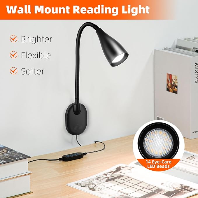 LiFMIRA Wall-Mounted LED Bedside Reading Light with USB Charging Port, 10-Level Dimmable & Adjustable 5 Color, Plug-in Adhesive Night Lamp for Books in Bed, Eye-Caring Bedroom Lighting (Black 2 Pack)