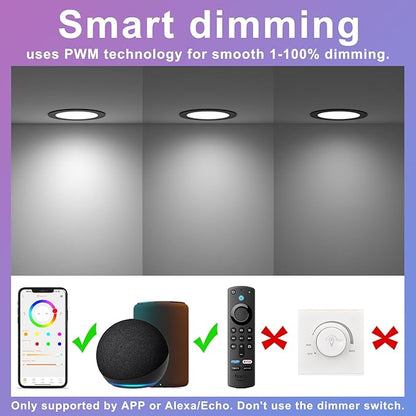 SikSog Smart Recessed Lighting 4 Inch Black RGBCW Color Changing 12W LED Downlight with Junction Box,1080 Lumen Recessed Ceiling Light Compatible with Alexa,Dimmable by Bluetooth Control -6Pack