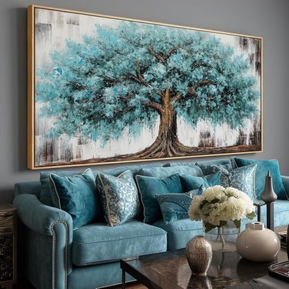 Wall Art Tree of Life Abstract Modern Artwork Blue Teal Tree Canvas Painting for Bedroom Living Room Office Large Decor 20"x40" with Framed