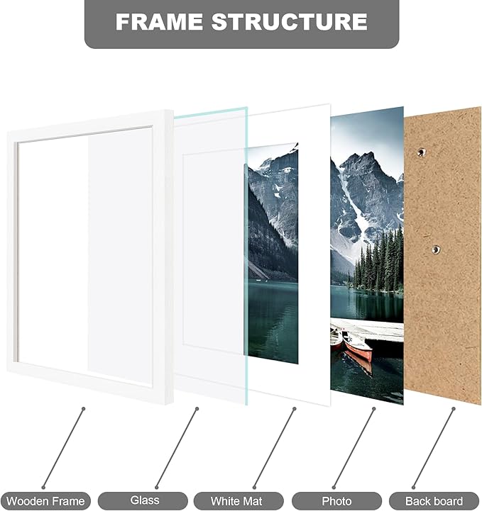 Hongkee 8x11 Picture Frame with Real Glass - Display Pictures 6x9 with Mat or 8 x 11 without Mat, Photo Frame for Wall or Table Top Display(White, 3 Pack)