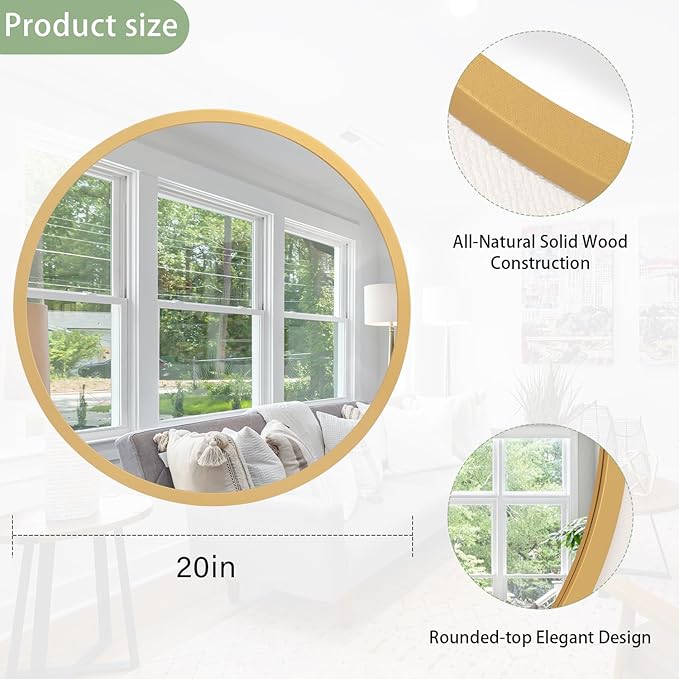 JJUUYOU Wall Mirror 20 Inch Round Wall Mirror for Bathroom Antique Circular Mirrors Washroom Wall Decor Wood Frame Mirrors for Living Room Bedroom Dorm Decorative