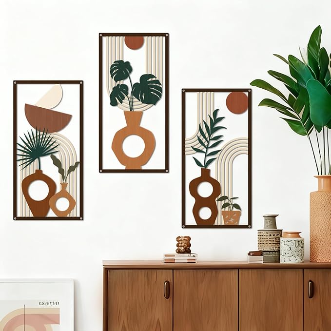 ShxTrade Boho Metal Wall Art Set of 3, Minimalist Botanical Wall Decor with Vase & Plant Silhouettes,Geometric Modern Mid Century Modern Artwork Art for Living Room Bedroom Bathroom Office