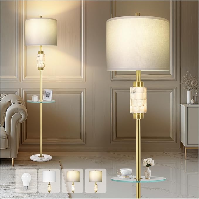 KIVDITZO Modern Floor Lamp for Living Room with Glass Tray and Night Light, Alabaster Bedroom Lamp, Tall Lamp with Linen Shade, Marble Base Standing Lamp for Living Room,Bedroom,Office(Bulb Included)