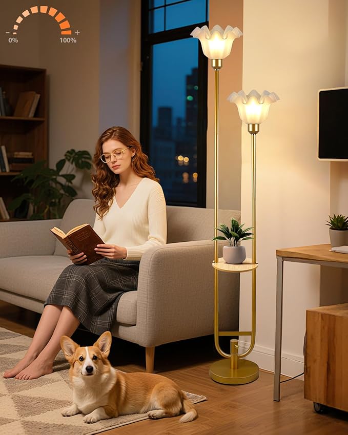 Dimmable Flower Floor Lamps with Table, 2-Lights Dimmable Floral Floor Lamp, 3000K Warmwhite Modern Floor Lamp, Vintage Gold Standing Lamp with 5Lbs Heavy Base for Living Room Bedroom