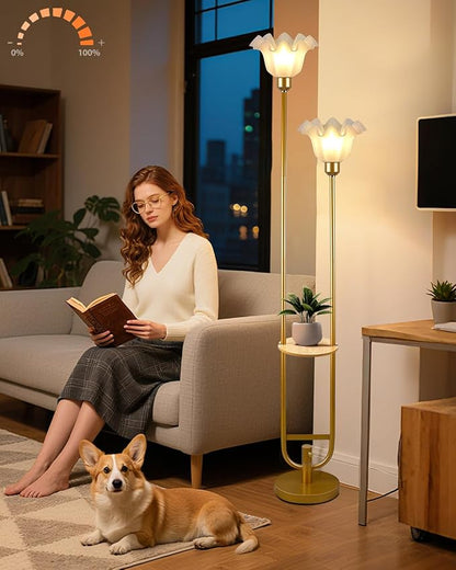 Dimmable Flower Floor Lamps with Table, 2-Lights Dimmable Floral Floor Lamp, 3000K Warmwhite Modern Floor Lamp, Vintage Gold Standing Lamp with 5Lbs Heavy Base for Living Room Bedroom