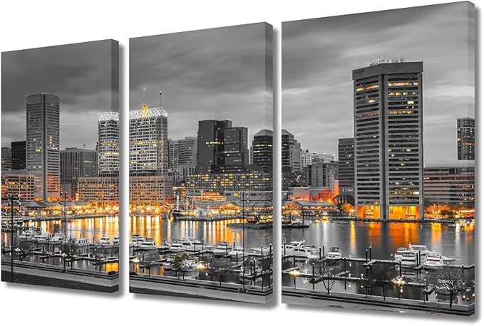 TUMOVO Baltimore Skyscrapers Cityscape Wall Decor for Bedroom 3 Piece American City Skyline Wall Decor Living Room Baltimore Architecture Posters and Prints Framed Ready to Hang (36" Wx24 H)