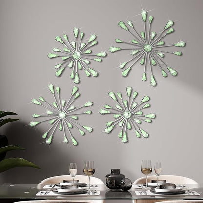 Hicarer 4 Pcs Starburst Wall Decor Bling Wall Art Crystal Teardrop 3D Hanging Rhinestone Radial Metal Artwork Modern Accent Sculptures Decorations for Living Room Home Office Bedroom(Green)