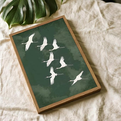 Framed Japanese Flying Cranes Wall Art, Vintage Bird Pictures Wall Decor Paintings, Rustic Nature Animal Canvas Prints Minimalist Home Decor for Living Room Bedroom Office 16x24 inch