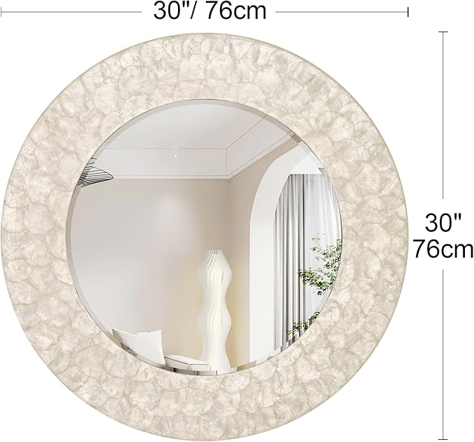 Capiz Shell Round Mirror, 30'' Coastal Mirror with Natural Capiz Seashell Frame, Decorative Circle Wall Mirrors for Living Room Mantel Bathroom Entryway
