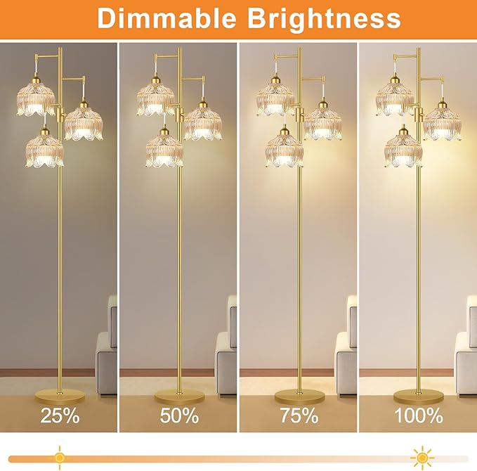 Dimmable Floor Lamps for Living Room Bedroom-3 Light Gold Floor Lamp with Glass Lampshape, Flower Tall Lamp Mid Century Modern Standing Lamp Glass Tree Floor Lamps for Living Room Bedroom,Corner