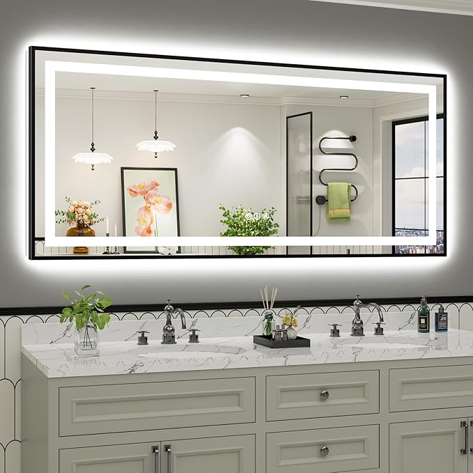 72x32 Inch LED Bathroom Mirror with Black Frame, Backlit & Front Lit, Anti-Fog Lighted Bathroom Vanity Mirror for Wall, Memory Function, Dimmable, HD Tempered Glass, Shatter-Proof