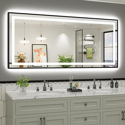 72x32 Inch LED Bathroom Mirror with Black Frame, Backlit & Front Lit, Anti-Fog Lighted Bathroom Vanity Mirror for Wall, Memory Function, Dimmable, HD Tempered Glass, Shatter-Proof