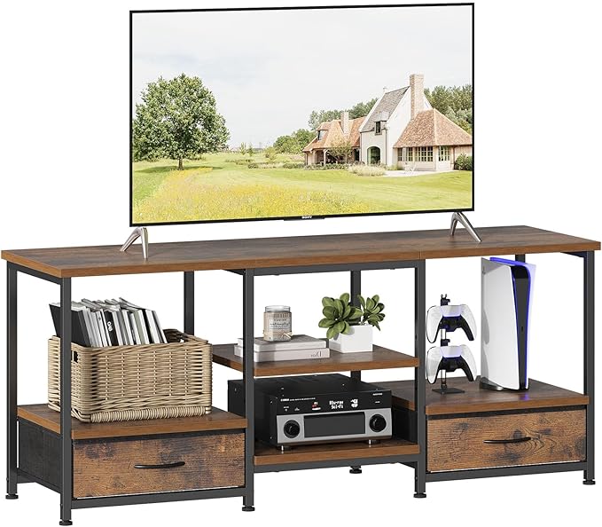 DUMOS 47 Inch TV Stand for 55-65 Inch TVs, Entertainment Center with Charging Station(2AC+USB+Type-C), Media Console Table with Storage Drawers & Open Shelves, Heavy Duty for Living Room, Rustic Brown