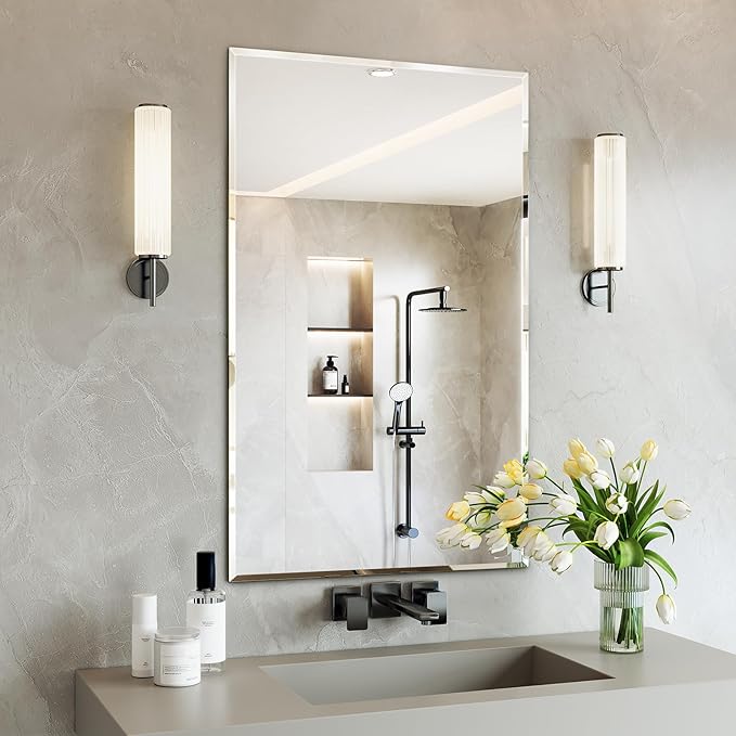 Bathroom Frameless Beveled Wall Mirror, 24"x48" Reactangle Beveled Mirror, Bathroom Wall Mirrors for Over Sink, Entryway, Bedroom, Living Room, Hangs Horizontally or Vertically