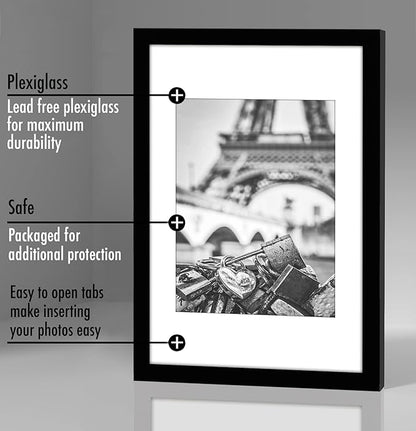 Americanflat 8x12 Picture Frame with Polished Plexiglass - Set of 5 - Use as 6x8 Frame with Mat or Display 8x12 Photo Without Mat - Galleria Collection - Picture Frames for Wall Display - Black