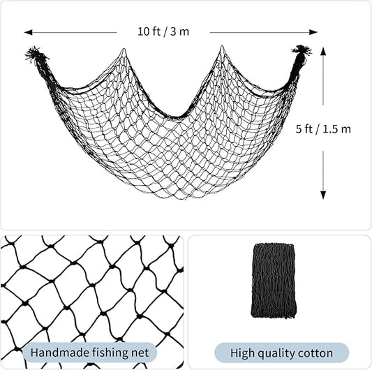 Decorative Fishing Net 2 Pack, 5x10 ft Large Black Fish Net Decor for Wall, Photo Display, Nautical Mermaid Pirate Ocean Themed Beach Hawaii Under the Sea Party Decorations