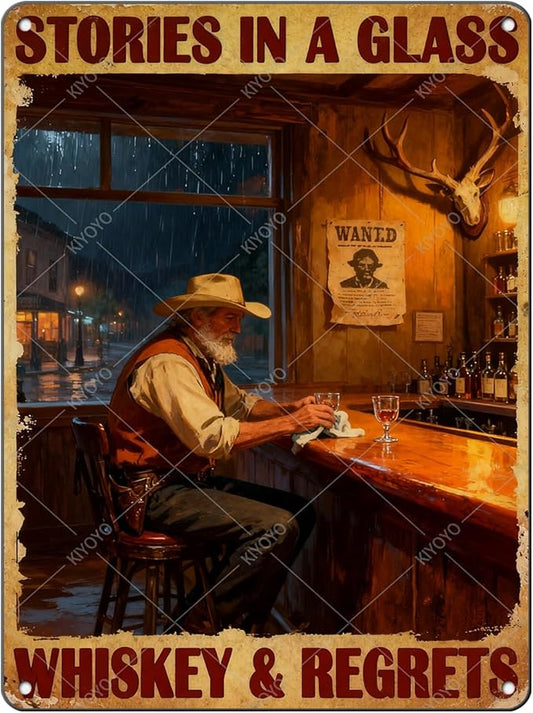 Western Cowboy Metal Tin Sign Rustic Wall Decor Vintage Stories In A Glass Retro Art Iron Painting for Home Bar Man cave 16x12 Inch