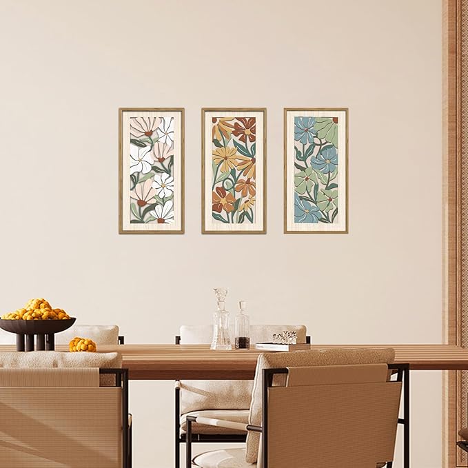 KAIRNE Vintage Colorful Floral Wooden Wall Art Set of 3,Abstract Boho Wood Decoration,Mid Century Modern Flower Wall Decor,Minimalist Wildflower Artwork for Living Room Bedroom Office,8X16 inch