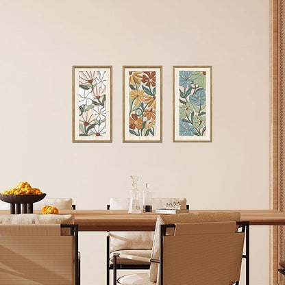 KAIRNE Vintage Colorful Floral Wooden Wall Art Set of 3,Abstract Boho Wood Decoration,Mid Century Modern Flower Wall Decor,Minimalist Wildflower Artwork for Living Room Bedroom Office,8X16 inch