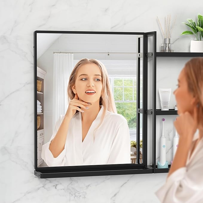Black Metal Framed Bathroom Mirror with Shelf, 40" X 24.4" Rectangular Wall Mounted Bathroom Vanity Mirror, Modern Bathroom Mirror with Storage for Over Sink, Entryway