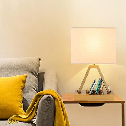 Briever Touch Control Table Lamp, 3-Way Dimmable Desk Lamp with USB C & USB A and AC Outlet, Bedside Lamp with Phone Stand and Fabric Shade for Bedroom, Living Room,Bulb Included, Gold
