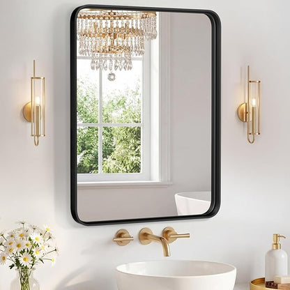 NEWBULIG 24X30 Inch Bathroom Mirror for Over Sink, Wall Vanity Mirrors Tempered Glass, Anti-Rust Metal Framed Rounded Rectangle, Hangs Horizontally or Vertically, Farmhouse Home Decor, Black