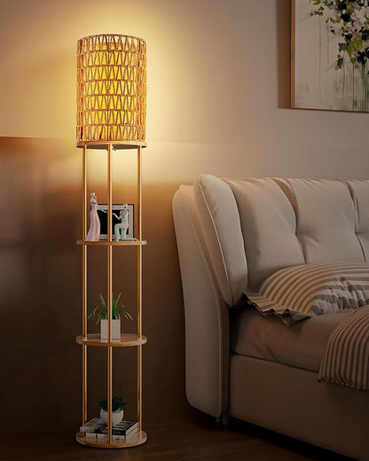 Lightdot 61" Rattan Floor Lamp with Shelves, 3-Tier Storage Shelves with 3000K Bulb Included, Solid Wood Design, Corner Bookshelf Floor Lamps for Living Room/Sofa Beside/Corner Decor-Gold