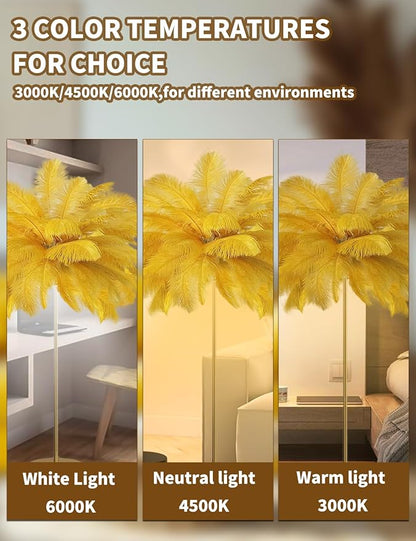 Feather Floor Lamp,Fluffy Ostrich Feather Floor Lamp for Bedroom,3 Color Temperatures Led Corner Modern Floor Lamps for Living Room Christmas Home Decor House Warming Gifts,63″ Height(Golden)