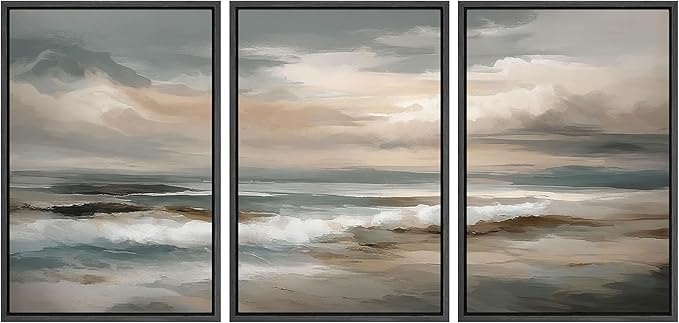 SIGNLEADER Framed Canvas Print Wall Art Set Coastal Ocean Waves Neutral Seascape Abstract Illustrations Modern Art Boho Decorative for Living Room, Bedroom, Office - 24"x36"x3 BLACK