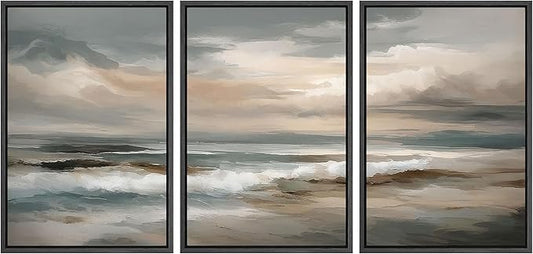 SIGNLEADER Framed Canvas Print Wall Art Set Coastal Ocean Waves Neutral Seascape Abstract Illustrations Modern Art Boho Decorative for Living Room, Bedroom, Office - 16"x24"x3 BLACK