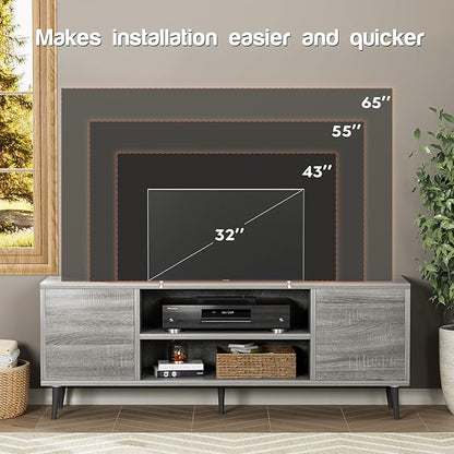 YESHOMY Modern TV Stand for 65" Television, Entertainment Center with Two Storage Cabinets, Retro Style Media Console for Living Room, Bedroom, Office, 58 Inch Classic, Light Gray