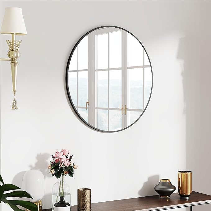 SCWF-GZ 24" Round Mirror Circle Wall Mounted Hanging or Against Wall Aluminum Alloy Metal Frame Dressing Make-up Mirrors for Entryway Bedroom Bathroom Living Room 24 inch Black