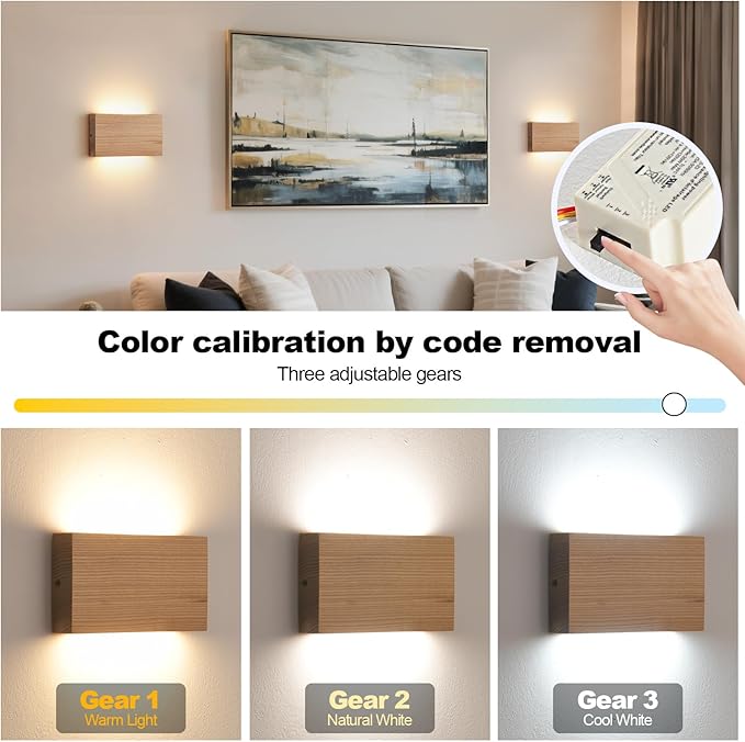 Wood Wall Sconce Indoor Wall Lights Hardwired 1 Pack Up and Down Wall Mount Light for Living Room Bedroom Hallway Corridor Conservatory Cool White 3000K(with led 4000K and 6000k)