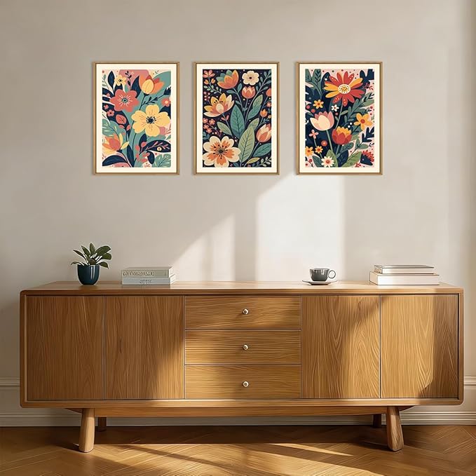 KAIRNE Vintage Colorful Floral Framed Canvas Wall Art Set,Mid Century Modern Flower Wall Decor,Retro Wildflower Art Prints,Boho Botanical Artwork for Living Room,Bedroom,Farmhouse,Office-12 x16 x3