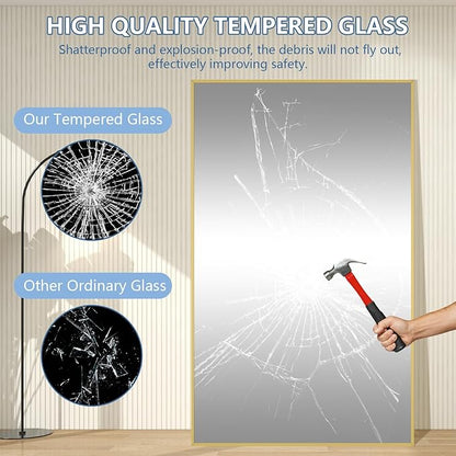 Oversized Standing Mirror Full Length, 72"X44" Extra Large Gold Floor Mirror with Stand, Hanging or Wall Mounted, Full Body Mirror for Gym Bedroom Living Room Clothing Store, Tempered Glass