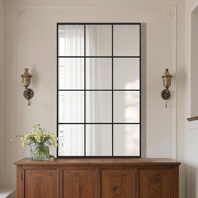 Anpark Windowpane Wall Mirror 30"x48" Black Wall Mounted Art Pane Mirror Farmhouse Decorative Mirror Leaning Hanging Wall Mirror for Bedroom Living Room Entrance Hallway Wall Decor