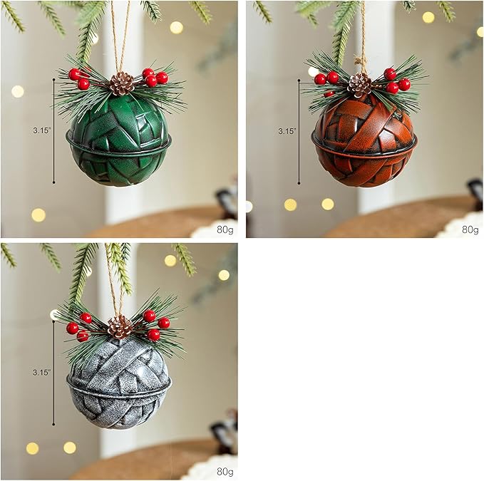 Christmas Bells, Christmas Jingle Bell Decorations with Pinecones and Berries Festive Decor with Real Bell Sound - Holiday Decor for Christmas Tree, Wreath, 3 Pack (White, Red & Green)
