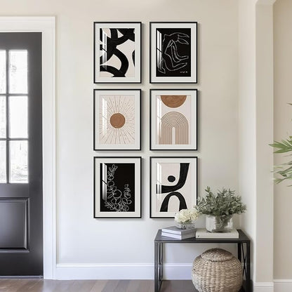Framed Boho Black and White Brown Modern Abstract Wall Art for Living Room, Set of 6 Bohemian Wall Hanging Artwork, Minimalist Sun Geometric Pictures for Bedroom Office Bathroom Wall Decor 11x14 Inch