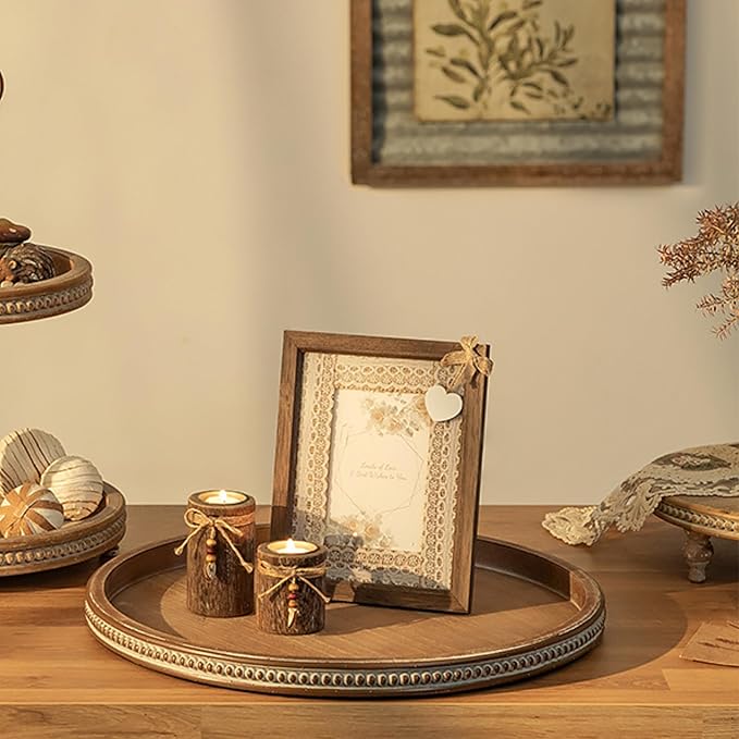 Hanobe Large Round Decorative Tray: Farmhouse Neutral Coffee Table Decor Wood Beaded Trays Vintage Ottoman for Home Counter Living Room