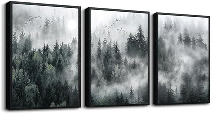 MHARTK66 Black Framed Wall Art For Living Room Modern Decorations Bedroom Foggy Forest Trees Landscape Painting Office Decor Home Ready To Hang a Pictures Of 3 Piece Prints