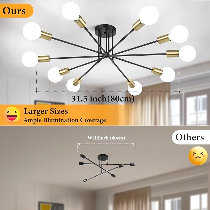 Semi Flush Mount Ceiling Light Fixture, 10-Light Modern Black and Gold Sputnik Chandelier Industrial Ceiling Lamp for Kitchen Dining Room Living Room Bedroom Foyer