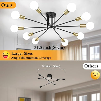 Semi Flush Mount Ceiling Light Fixture, 10-Light Modern Black and Gold Sputnik Chandelier Industrial Ceiling Lamp for Kitchen Dining Room Living Room Bedroom Foyer