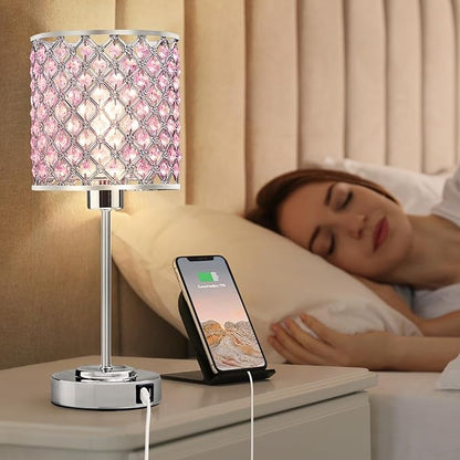 GyroVu Crystal Table Lamp, Bedside Crystal Lamp, Dimmable Touch Nightstand Lamp with USB-C+A Charging Ports Pink Night Lights Decorative Accent Lamp for Bedroom, Living Room, Office, Girls Room